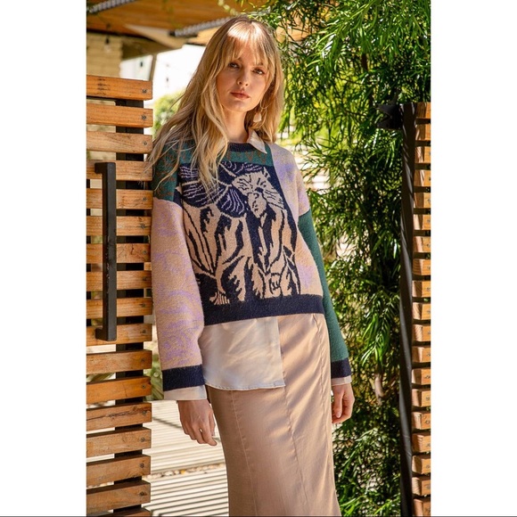 LAST! Floral Colorblock Navy Mix Sweater - Picture 2 of 12